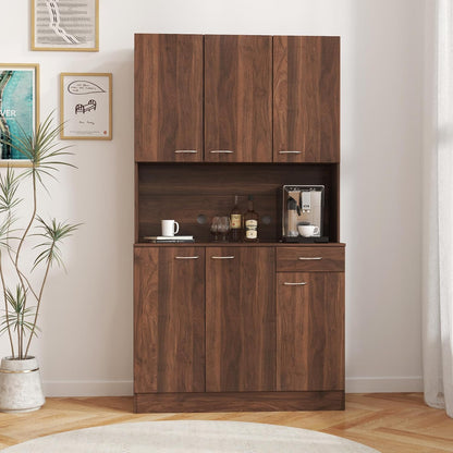 70.86" Tall Kitchen Pantry Cabinet with Open Countertop Freestanding Kitchen Hutch with Doors & Shelves & Drawer Wood Cupboard Large Pantry Cabinet Home Bar for Living Dining Room, Dark Walnut