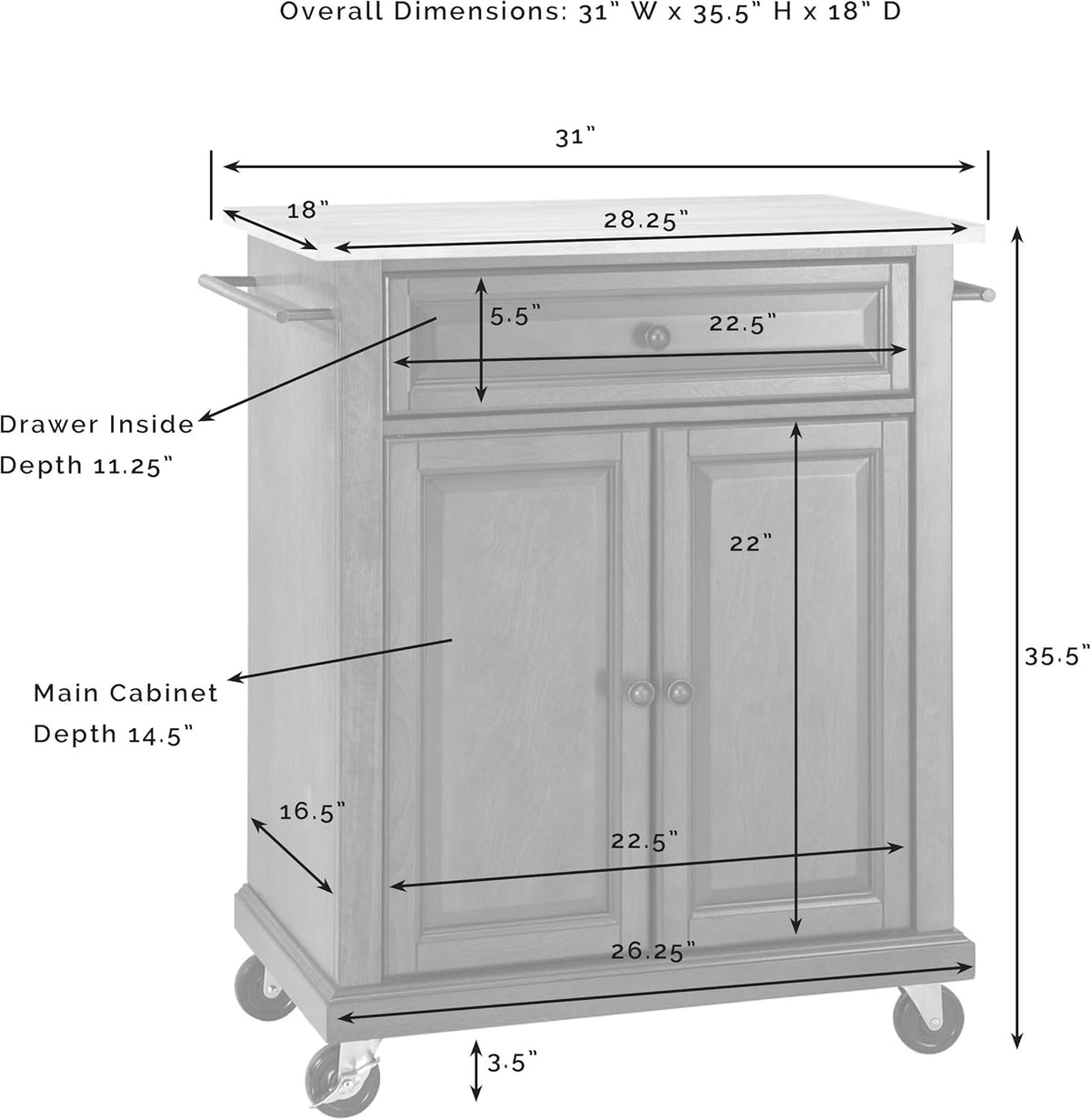 Crosley Furniture Compact Stone Top Small Rolling Cart with Shelves, Microwave Stand with Towel Rack, White