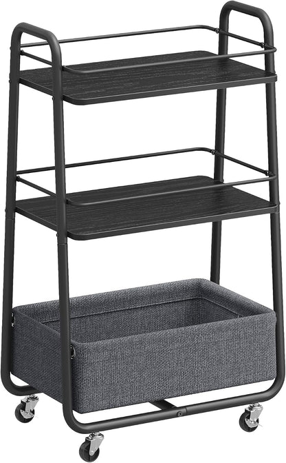 VASAGLE LILEA Collection - Storage Cart with Fabric Basket, 3-Tier Rolling Utility Cart with Wheels and Shelves, for Living Room Bedroom Kitchen, Ebony Black and Slate Gray ULRC001BE02