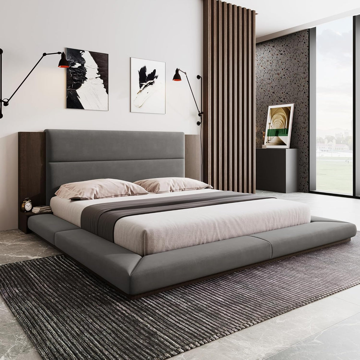 SOFTSEA King Size Floor Platform Bed Frame, Upholstered Floor Bed with Extended Headboard & Bedside Shelf, Velvet Fabric Grounded Bed Frame King Size for Bedroom, No Box Spring Needed, Gray