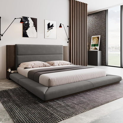 SOFTSEA King Size Floor Platform Bed Frame, Upholstered Floor Bed with Extended Headboard & Bedside Shelf, Velvet Fabric Grounded Bed Frame King Size for Bedroom, No Box Spring Needed, Gray