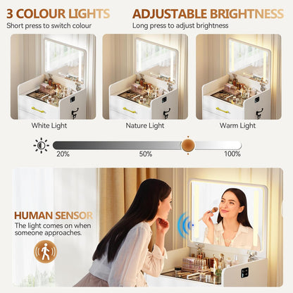 Small Makeup Vanity Desk with Flip up Mirror and Lights(White) | 3 in 1 Vanity Table with Charging Station,Glass Top,3 Drawers,Compact Dressing Table with Wheel Storage Stool for Bedroom