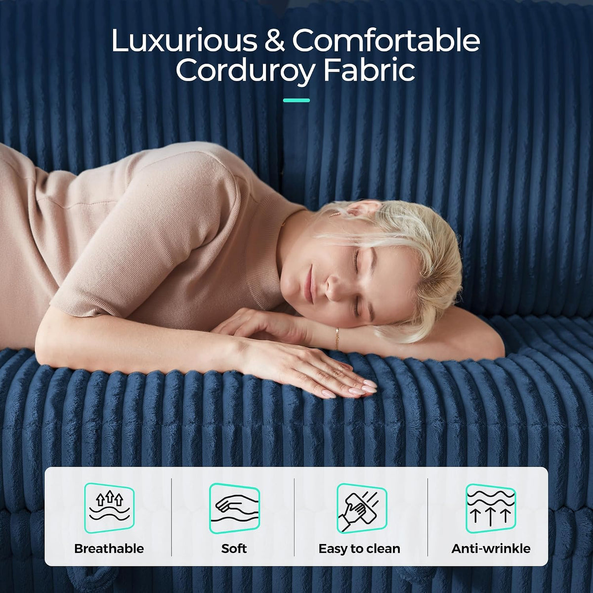 LINSY HOME Sectional Couches for Living Room, 106" U Shape 4 Seats, Blue | Sleeper sofa with pull out couch bed, corduroy couch with storage