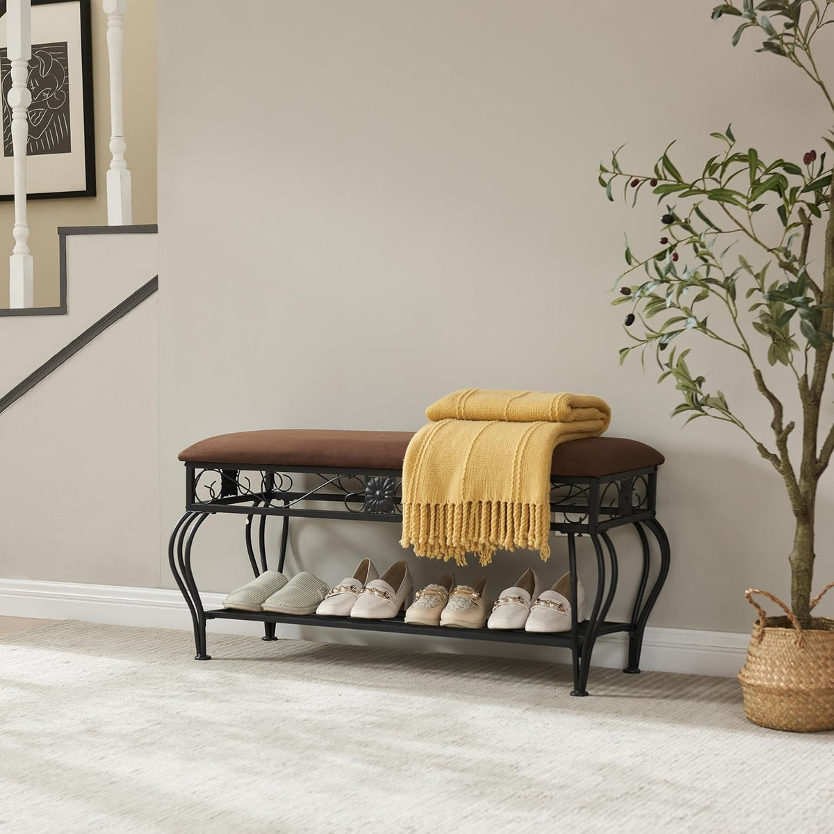Bluecat Entryway Shoe Bench with Brown Padded Cushion, Metal Frame Multi-Functional Shoe Changing Bench for Hallway Living Room Bedroom