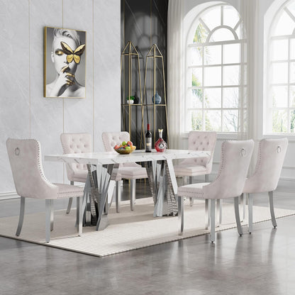 70" Faux Marble White Silver Dining Table for 6, Modern Dining Room Table with 0.71" Marble Printing MDF Top and Flash-Shaped Stainless Steel Base,Rectangular Large Kitchen Dinner Table