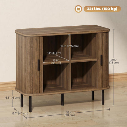 HOMCOM 35.4" Sideboard Buffet Cabinet with Storage, Nordic Coffee Bar Cabinet with Slatted Tambour Doors and Metal Legs, Kitchen Credenza, Walnut