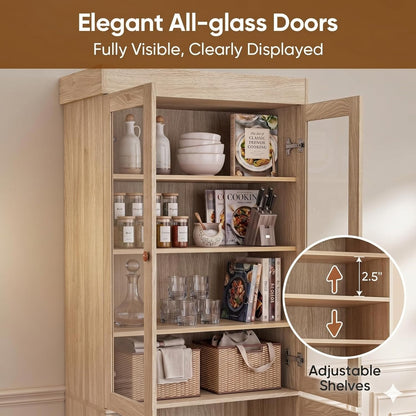 ivaniti 71" Tall Farmhouse Kitchen Pantry, Rustic Brown Wood Storage Cabinet with Glass Doors and Adjustable Shelves, Versatile Hutch for Dining Room, Living Room, Set of 2
