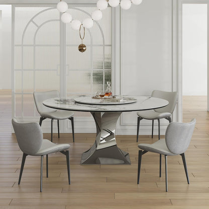 Montary 59” Modern Round Dining Table for 6-8, Artificial Marble Dining Room Table with Lazy Susan, Stainless Steel Black Titanium Hourglass Base, Sintered Stone Top Dining Table (Only Table)