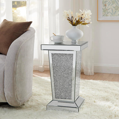 Silver Mirrored End Table with Crystal, Modern Side Accent Table, Square Small Coffee Table for Living Room, Bedroom,Office, Hallway, Entryway