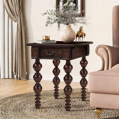 KEIKI Solid Rubber Wood Round Side End Table with Storage Drawer, Traditional Vintage Couch Sofa Bedside Table Night Stand for Living Room Bedroom, Easy Assembly, Espresso