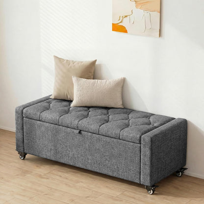 50” Ottoman Bench with Storage, Upholstered Fabric End of Bench for Bedroom, Load up to 660 lb, Fixed Base & Movable Swivel Wheels，Rectangular Tufted Entryway with Safety Hinge (Grey)