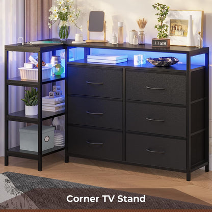 HAUOMS TV Stand for 60 Inch TV,LED Entertainment Center,Black | L Shaped Convertible Dresser with with Power Outlets & Open Shelf,6 Drawers with PU Finish,for Living Room,Bedroom
