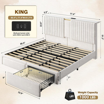 Homkdom King Bed Frame,51.3" Tall Velvet Storage Headboard,2 Drawers,Beige