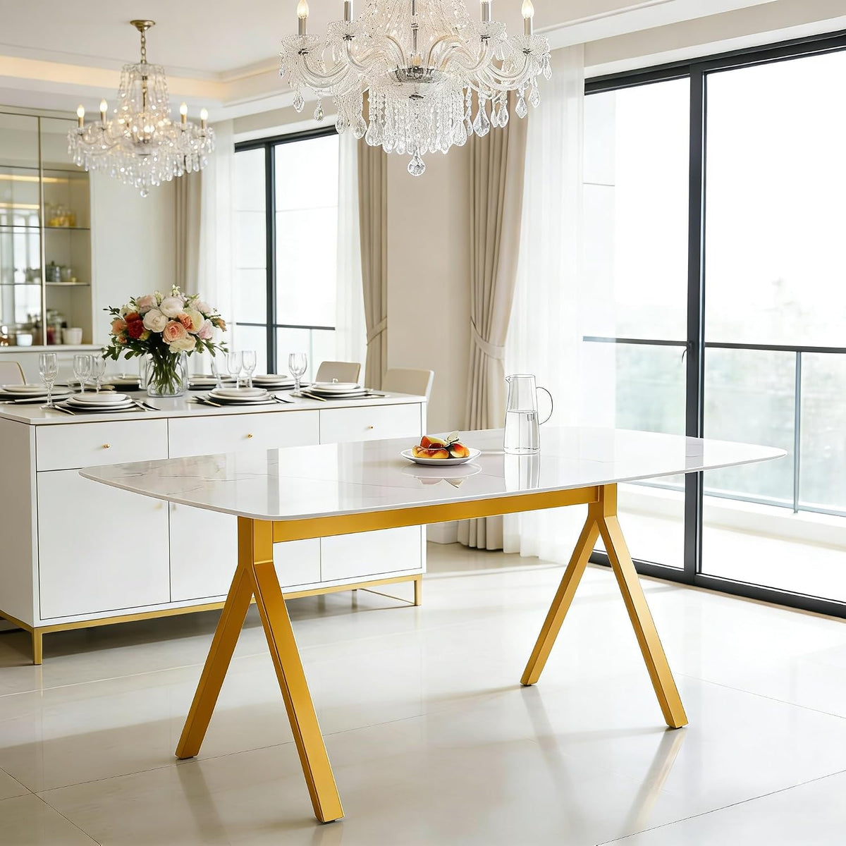 51.2 Inch Faux Marble Dining Table,Rectangular Glass Dining Table for 4-6,White Dining Room Table with Tempered Glass Tabletop and Golden Metal Legs,Luxury Dinner Table for Kitchen Apartment