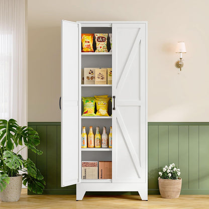 RAVIGIN Farmhouse Storage Cabinet,75" H Metal Pantry Cabinet with Barn Doors and Adjustable Shelves,75" H 6-Tier Rustic Pantry Organizers for Kitchen,Dining Room,White