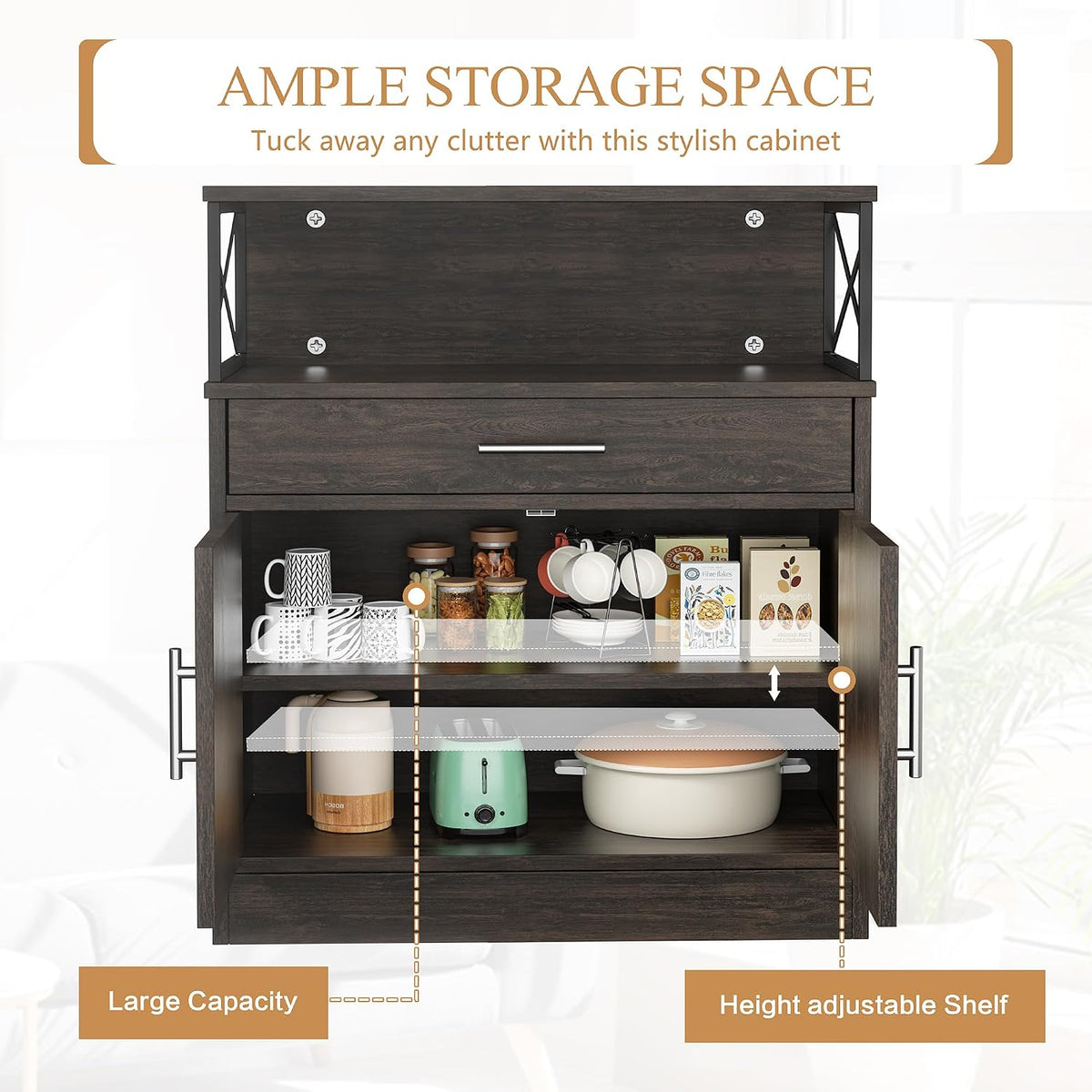 Shintenchi Kitchen Storage Cabinet with Adjustable Shelves and Drawers, Modern Buffet Sideboard, Wood Buffet Cabinet with Doors, Floor Cabinet Cupboard for Coffee Bar Living Room, Dark Brown