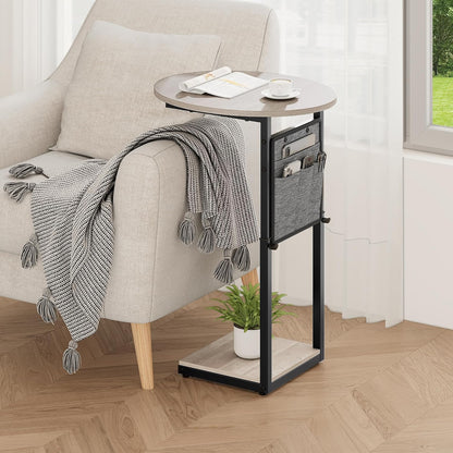 Vagusicc C Shaped End Table, Adjustable Height Small Side Table for Couch and Recliner, 32" Tall Couch Side Table Slide Under Sofa Tray Desk with Storage Bag for Living Room and Bedroom, Greige
