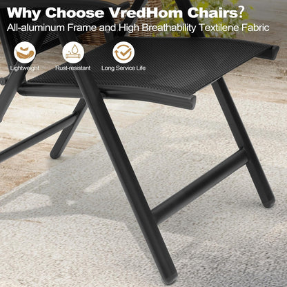 Folding Patio Chairs Set of 2, Aluminum High Back Outdoor Recliners with Teak Armrests, No Assembly Required, Adjustable