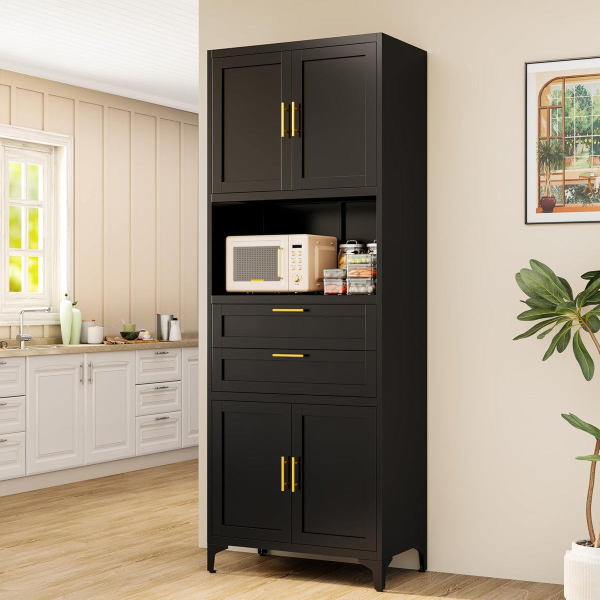 75” Tall Kitchen Pantry Storage Cabinet, Metal Storage Cabinet with 2 Drawers and Adjustable Shelves, Kitchen Pantry Cupboard, Freestanding Cupboard for Bathroom, Living Room(Black)