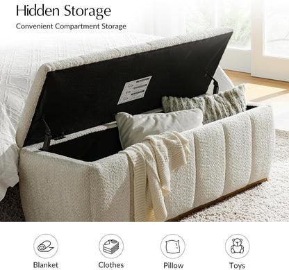 HULALA HOME Storage Bench with Solid Wood Base, Chenille End of Bed Bench for Bedroom, Living Room, Entryway, No Assembly, Beige