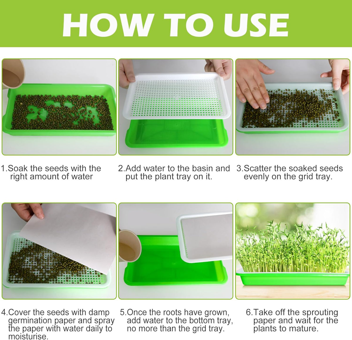 EBaokuup 5 Pcs Seed Sprouter Tray with Drain Holes - BPA Free Seed Germination Propagation Trays, Soil-Free Wheatgrass Bean Sprouts Microgreens Growing Kit with Germinating Paper