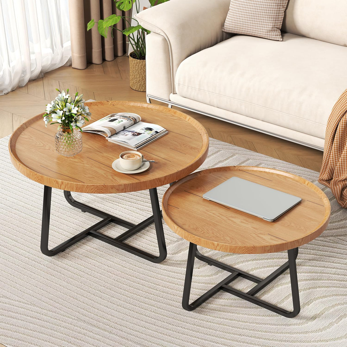 Round Nesting Coffee Table Set of 2, Tea Table for Small Spaces, Circle Wood Center Table with Fluted, Mid Century Modern Coffee Tables for Sofa Living Room Bedroom Office Balcony Yard