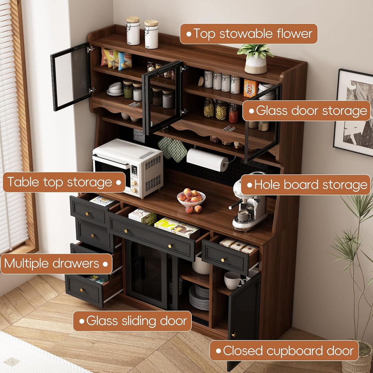 63" Tall Storage Cabinet Coffee Bar Cabinet:with Adjustable Shelves | 63"Tall Kitchen Storage Cabinet:with Hutch,Coffee Bar Cabinet with Drawers,Kitchen Pantry Cabinet with Shelves,Power Outlet