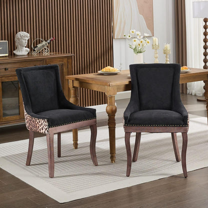 LKTART Upholstered Dining Chairs Set of 2, Solid Wood Kitchen Dining Room Chairs with Thicken Padded and Nailhead Trim for Home Kitchen Bedroom Black and Leopard