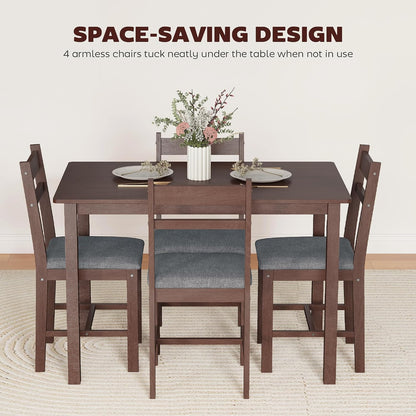 HOMCOM 5-Piece Solid Wood Dining Table Set for 4, Walnut and Gray | Farmhouse Kitchen Table, Upholstered Chairs, Small Space, Dining Room, Breakfast Nook