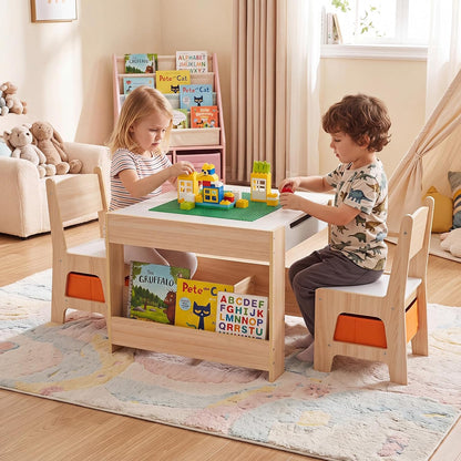 Costzon 4 in 1 Kids Table and Chairs with Building Blocks (Natural) | Wooden Toddler Activity Table Set w/ Detachable Graffiti Tabletop, Blackboard and Storage Drawers for Play, Arts & Crafts