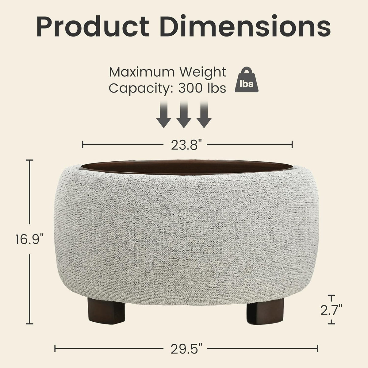 VKNOW 30" Round Storage Ottoman, Ottoman Coffee Table with Removable Wood Top and Solid Wood Legs for Living Room, Bedroom, Apartments (Beige)