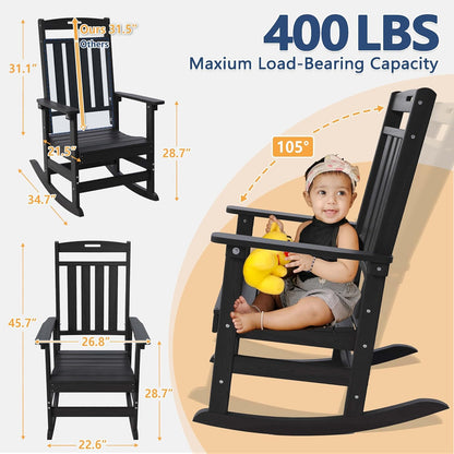 Outdoor Rocking Chair Oversized of 2 & Side Table Set, HDPE All Weather Resistant Patio Rocker, 31.5" High Back 21.5" Deep Seat Porch Chairs Set for Lawn Garden Deck Balcony 400lbs Capacity(Black)