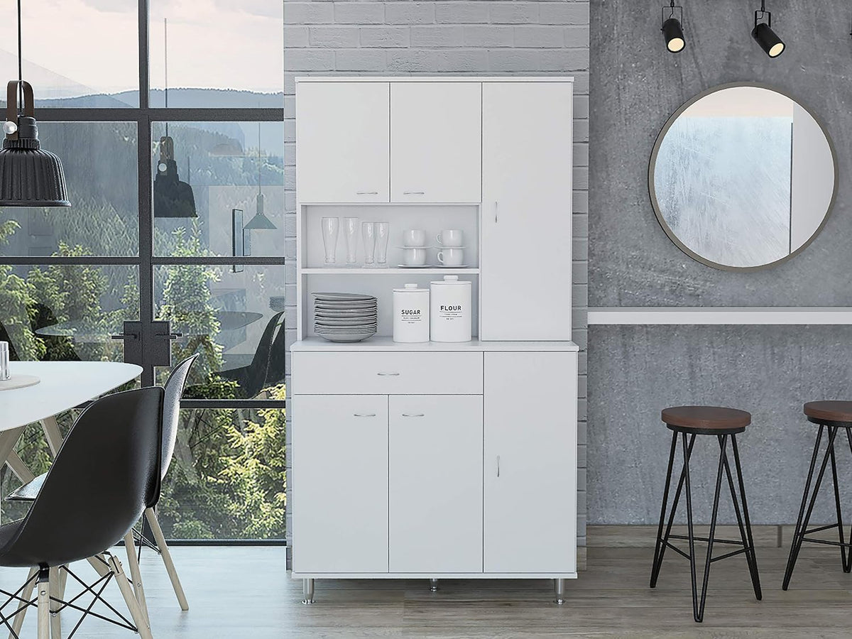 90 Kitchen Pantry Cabinet with Open Shelves, Drawer & Multiple Cabinets, White, Functional Storage for Kitchenware
