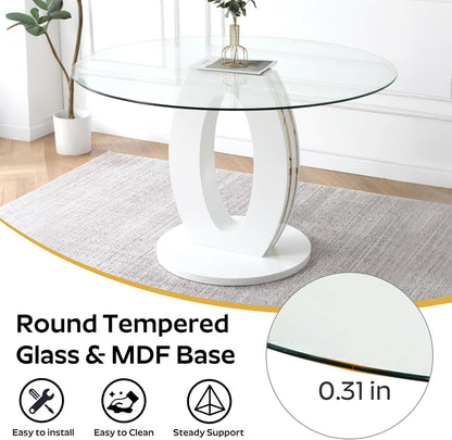 RGZ Modern 39" Clear Glass Round Dining Table Set, 5 PCS Luxury Circle Glass Top Kitchen Table with Gold Decorative Strips & 4 Beige High-end Tufted Chairs for Apartment Home Dining(White Base)