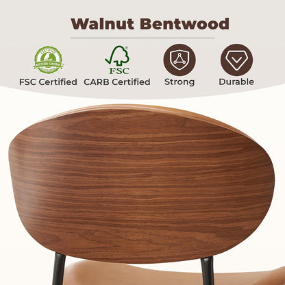 BedsPick Mid-Century Modern Dining Chairs Set of 2, PU Leather Upholstered Dining Room Chairs with Walnut Grain Back, Bentwood Kitchen Chairs with Adjustable Feetpads for Dining Room, Kitchen, Brown