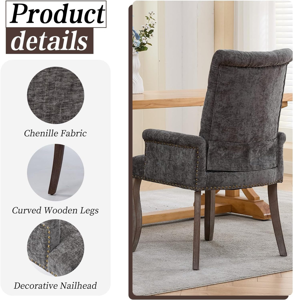 Shenyon Grey Single Dining Chair with Arms, Chenille Upholstered Dining Room Chairs with Tufted Back and Solid Wood Legs, Accent Armchair for Dining Room, Kitchen,Living Room, Grey