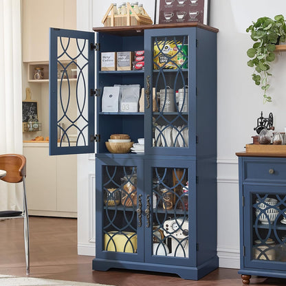 Joaxswe 67" Tall Pantry Cabinet Set of 3, Vintage Kitchen Pantries Cabinets with Glass Doors & Adjustable Shelves, Wood Cupboard with Large Storage for Dining Room, Bathroom, Navy Blue