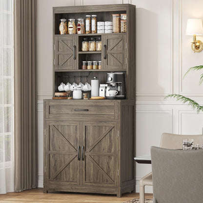 kepptory 69" Farmhouse Pantry Cabinet with Large Drawer, Tall Kitchen Pantry Storage Cabinet with Microwave Stand, Cup Holder and Adjustable Shelf, Kitchen Hutch for Dining Room (Grey)