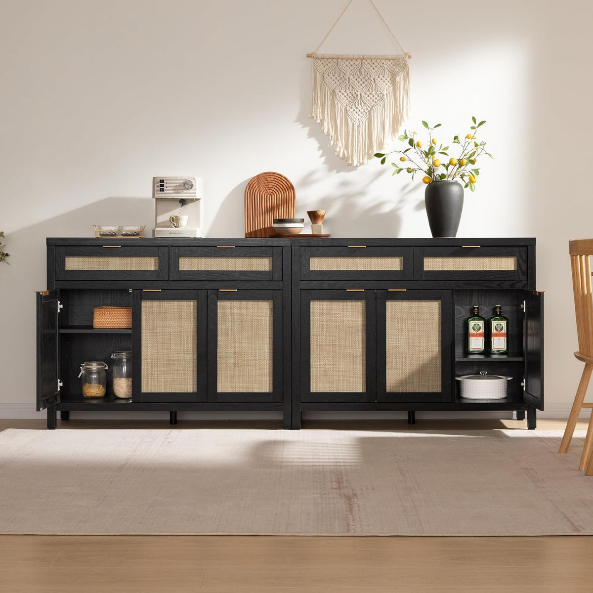 SICOTAS Rattan Sideboard Buffet Cabinet with Storage, Boho Credenza Accent Cabinet with 3 Doors and 2 Drawers, Farmhouse Console Coffee Bar for Kitchen, Living Room, and Entryway, Black Oak