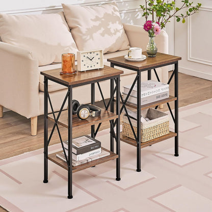 VECELO End Side Table Night Stand,X-Design with Storage Shelf for Bedroom,Living Room,Brown