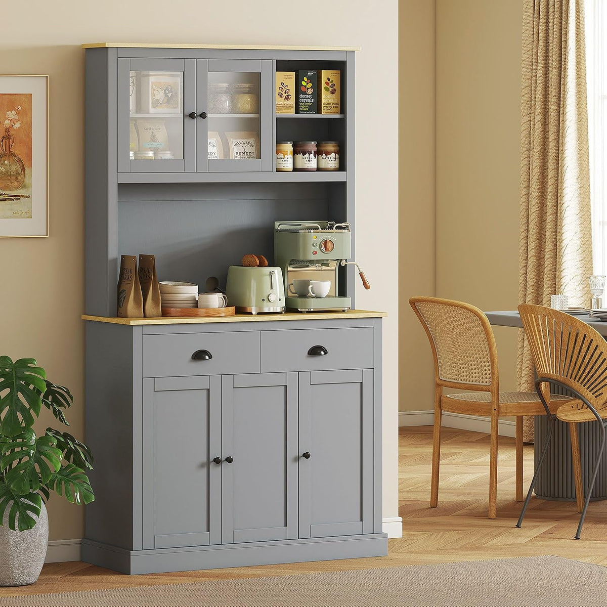 Kitchen Pantry Unit 71 inch, freestanding, Adjustable Shelves Three Heights, Wide countertop for Cable, Gray Oak Yellow Finish