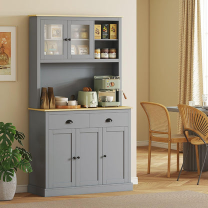 Kitchen Pantry Unit 71 inch, freestanding, Adjustable Shelves Three Heights, Wide countertop for Cable, Gray Oak Yellow Finish