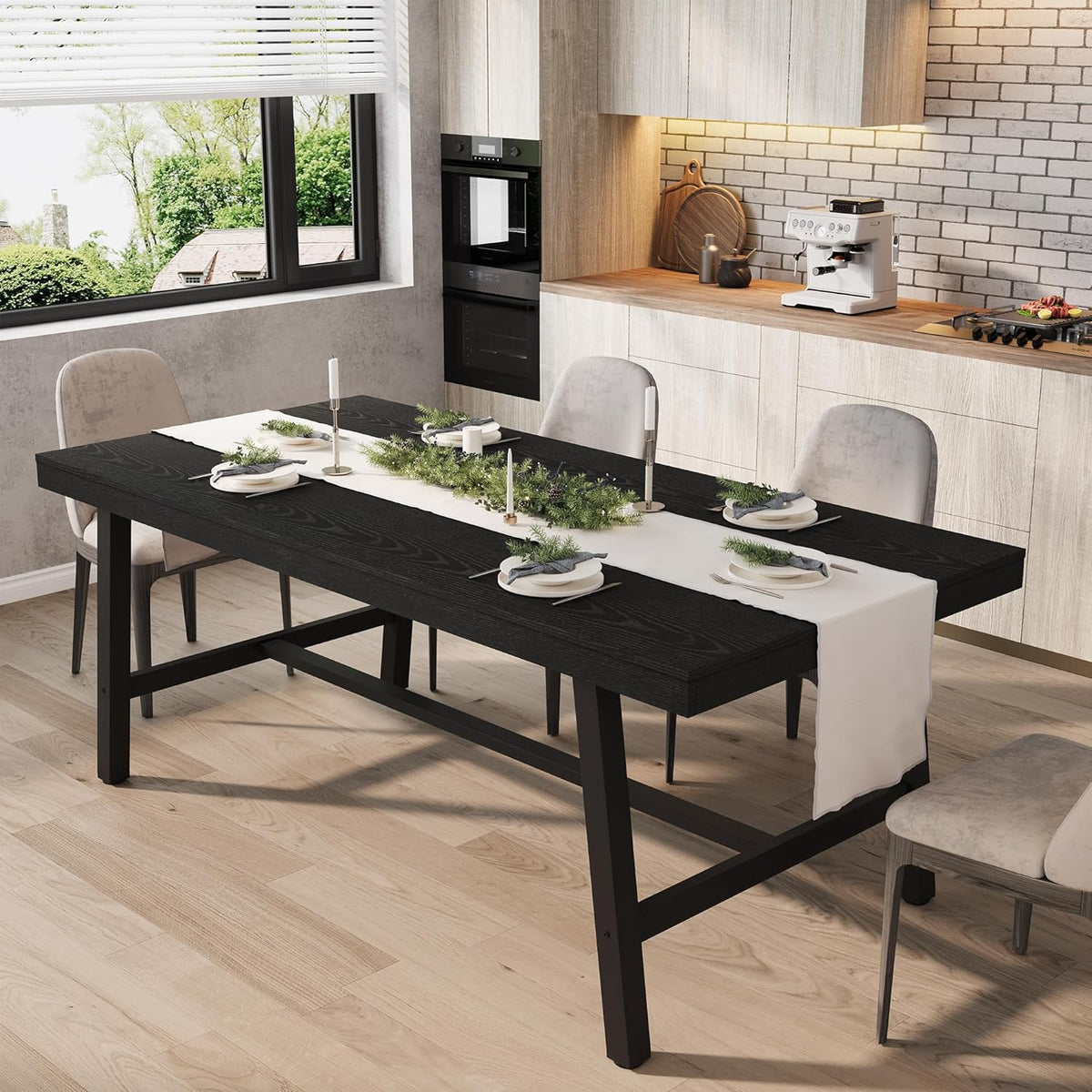 GarveeHome Industrial Dining Table for 6-8 People, 70.87" Long Large Kitchen Table with Sturdy Metal Frame, Rectangular Counter for Dinner, Kitchen, Dining Room (Black, 71" Non-extendable)