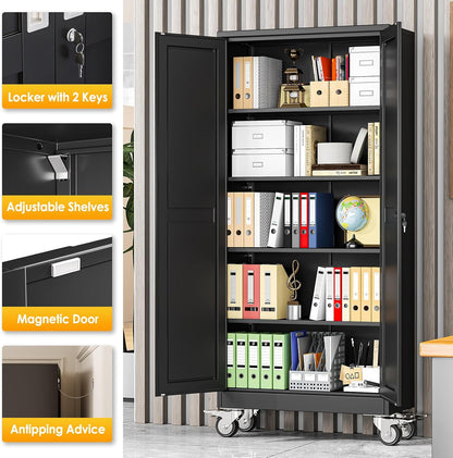 PAOFIN 71''H Tall Metal Garage Storage Cabinet with Wheels,Steel File Cabinets with 2 Doors and 4 Adjustable Shelves for Home Office, Warehouse, Required Assembly,Black