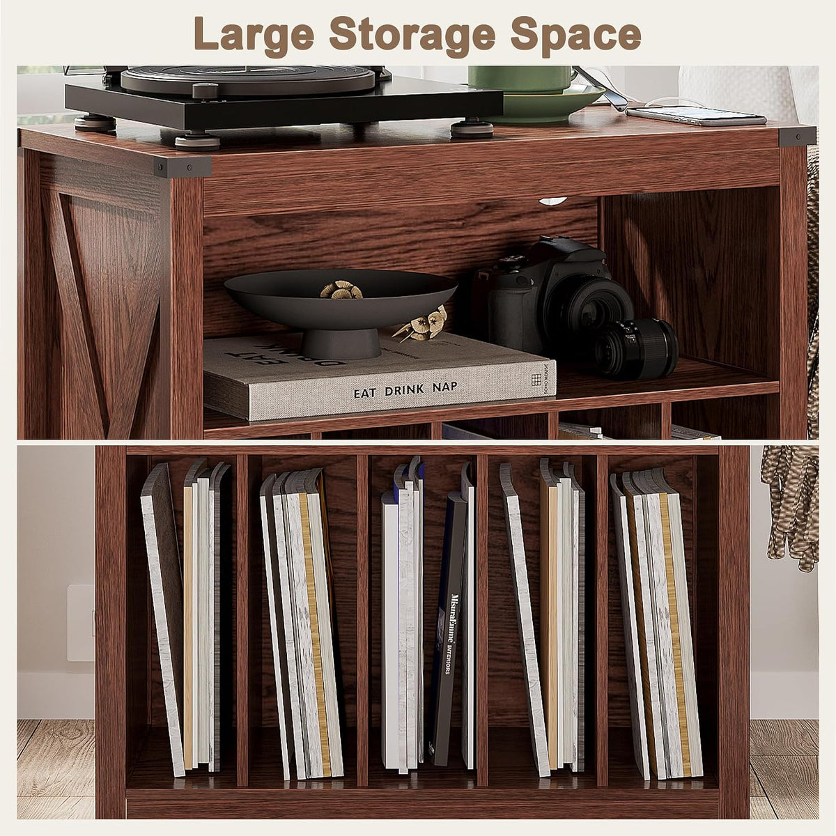 ChooChoo Large Record Player Stand with Charging Station & LED Light, Vinyl Record Holder hold up to 300 Albums, Farmhouse End Table for Bedroom, Living Room, Walnut