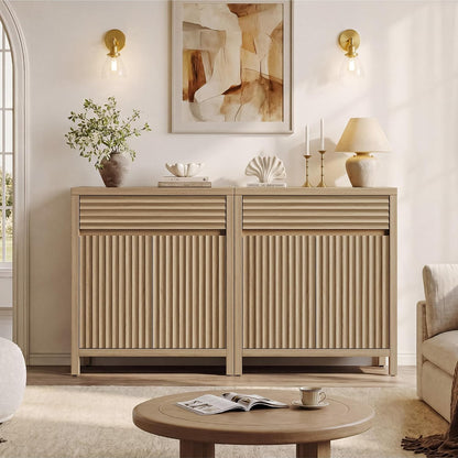SICOTAS 87" Extra Large Buffet Cabinet with Storage, Modern Fluted Sideboard Cabinet with Drawers & Adjustable Shelves, Premium Credenza for Large Spaces, Reclaimed Light Oak, 3 PCS