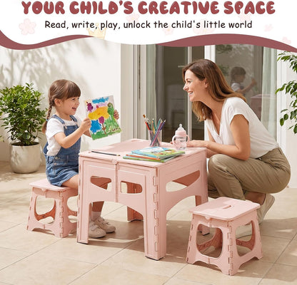 3 Piece Kids Foldable Table and Chairs Set, Toddlers Drawing Activity Desk, | Portable Picnic Table, Easy-Fold Pinch-Free Children's Furniture for Arts Toys Snacks and Indoor Outdoor Use Pink