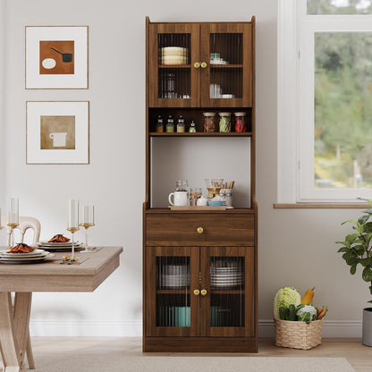 Dancongtea Kitchen Pantry Hutch Storage Cabinet Farmhouse Buffet Sideboard with Microwave Stand and Cable Management Walnut for Kitchen Dining Room Coffee Bar