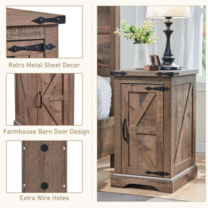 JXQTLINGMU Farmhouse Nightstand Set of 2 with Charging Station, 17"D Rectangular End Table with Barn Door & Adjustable Storage Shelf, Wood Rustic Sofa Side Table for Living Room, Bedroom, Light Brown