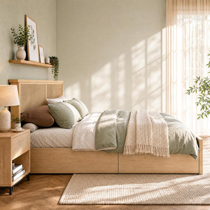 Yechen Queen Bed Frame with Natural Rattan Headboard and Wooden 4 Storage Drawers, Metal Platform with Strong Wooden Slats Support, Boho Cane Bed Mattress Foundation, No Box Spring Needed